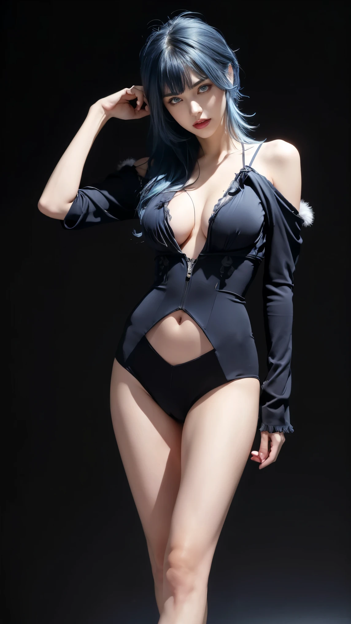 8K, Top Quality, Intricate Details, Ultra Detail, Ultra High Resolution, Masterpiece, close up shot, (full body: 1.1), Slender, Smile, (Makeup: 0.4), ,(( blue hair, bangs, short hair, blue eyes, bangs)), (Fluffy Eyes: 1.21), (()), 1girl, solo, 1 girl, (()), close up shot, , ((tall)), (((fit body))), (((slim face))), sharp face, (( ,((,wind blow hair)), , , spideman suit,)) , show belly, )) ,(detailed face), sharp face, small lips, , ,((, cleavage, crotch, )) ,, ,
((,no bra, braless )), , ((walk pose, walking pose )), detailed face, detailed breast, detailed nipple ,large breast ,huge breast, detail nipples ,, Narrow Waist, Skinny, tall , 190 cm tall, Muscular, Navel, Exposed Abdomen, Pointed Chest,, Beautiful girl with accentuated slender abs: 1.4, Six Pack Abs: 1.4, , Perfect Body, detail legs, (( dark background)), black background,