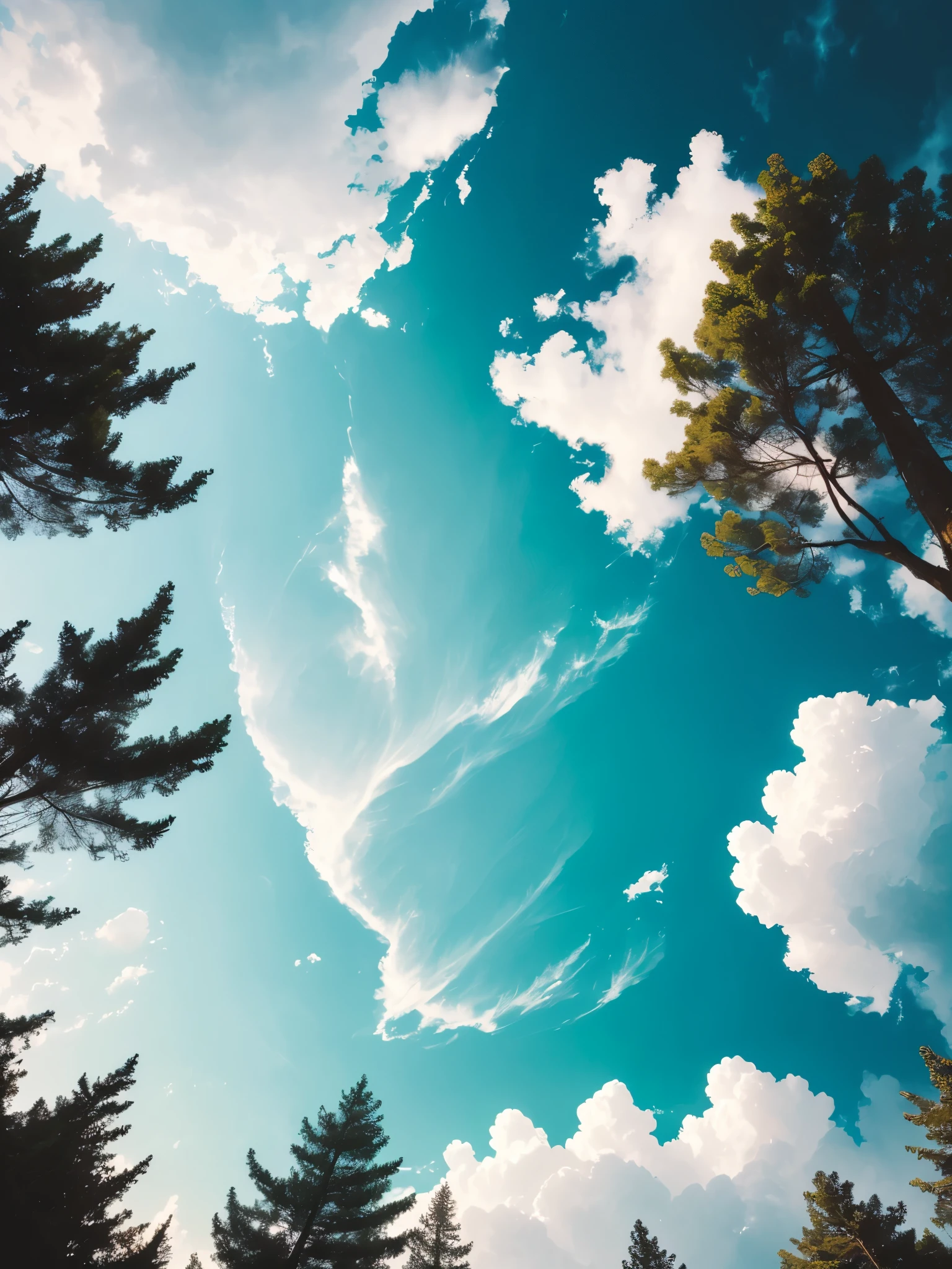 there is a lone tree in the middle of a field, strange trees and clouds, view from below, very low angle photograph, viewed from below, looking up to the sky, towering high up over your view, with a tall tree, looking from slightly below, trees in foreground, maritime pine, looking to the sky, a tall tree, nature and clouds in background