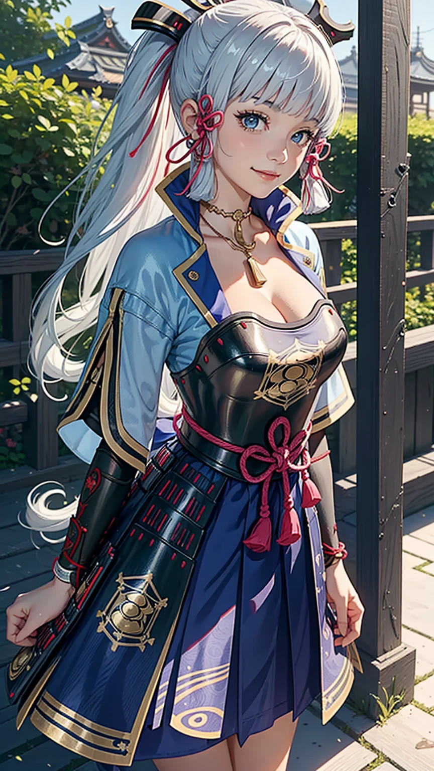 (Girl),(kamisatoayakadef),masterpiece,large breast, outdoors, looking at viewer, detail eyes, detail face, standing, smile, (front view:1.3), upper body shot,(detailed face), (cleavage),
