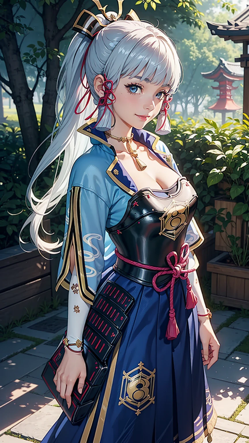(Girl),(kamisatoayakadef),masterpiece,large , outdoors, looking at viewer, detail eyes, detail face, standing, smile, (front view:1.3), upper body shot,(detailed face), (cleava