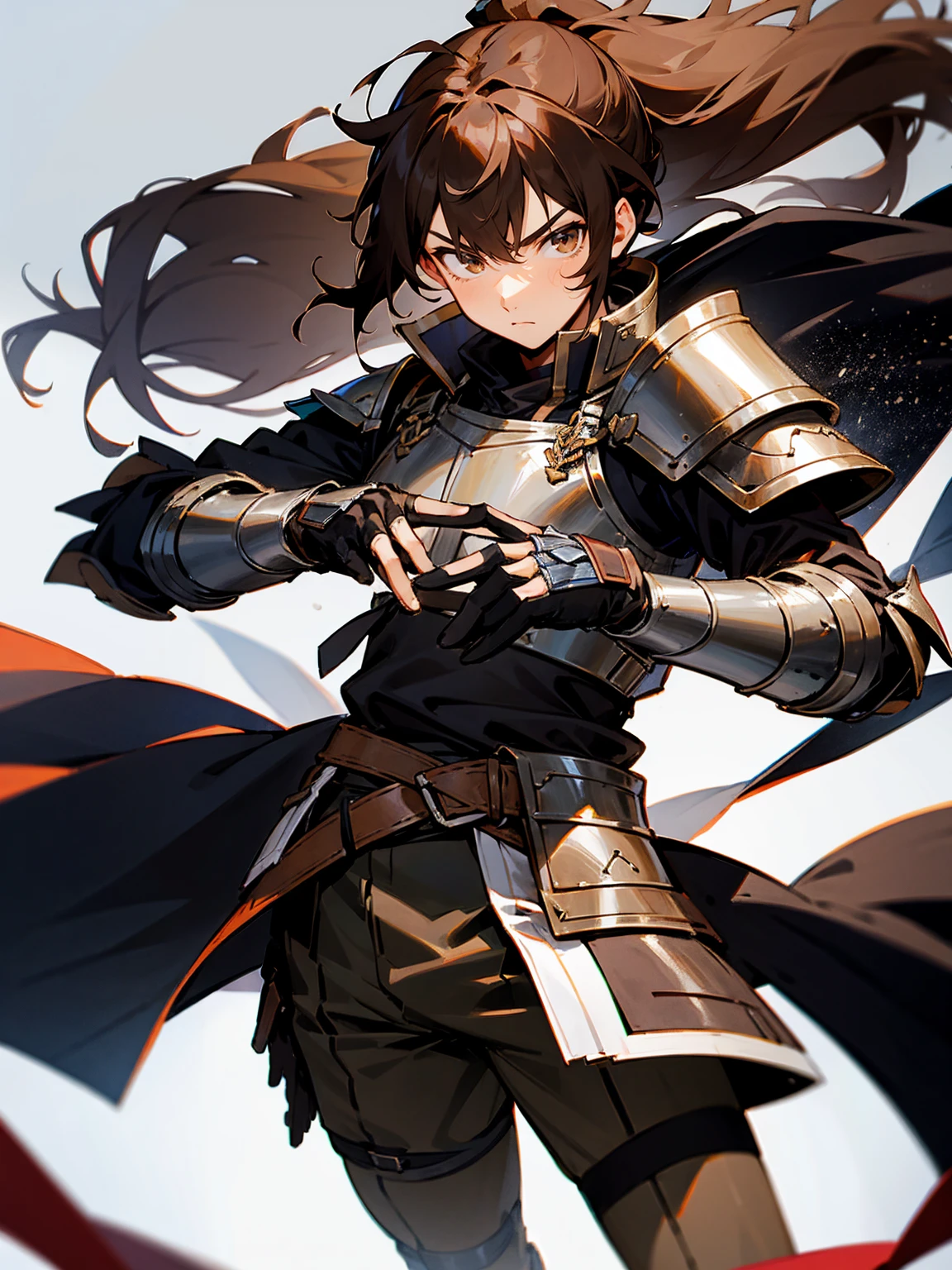 1male, brown hair, long hair, pony tail, armor, brown yukata, black gloves, tied to waist, serious