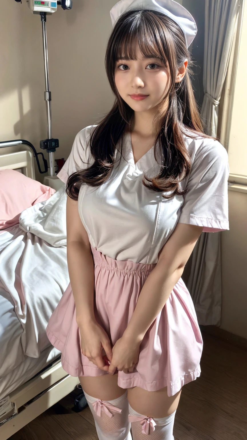 masterpiece, best quality, illustration, Super detailed, fine details, High resolution, 8K,wall paper, perfect dynamic composition,(Details High quality, realistic depiction of eyes:1.3), ((nurse cap, short sleeves, light pink nurse wear, ((white legwear, zettai ryouiki)))), sitting, open legs, short bob hair, in a hotel room in the background, deep on field, large breasts, black hair color, Big Natural Color Lip, (perfect body shape), crying a little、Harajuku style、20 year old girl、cute type、beautiful legs, Gravure Idol