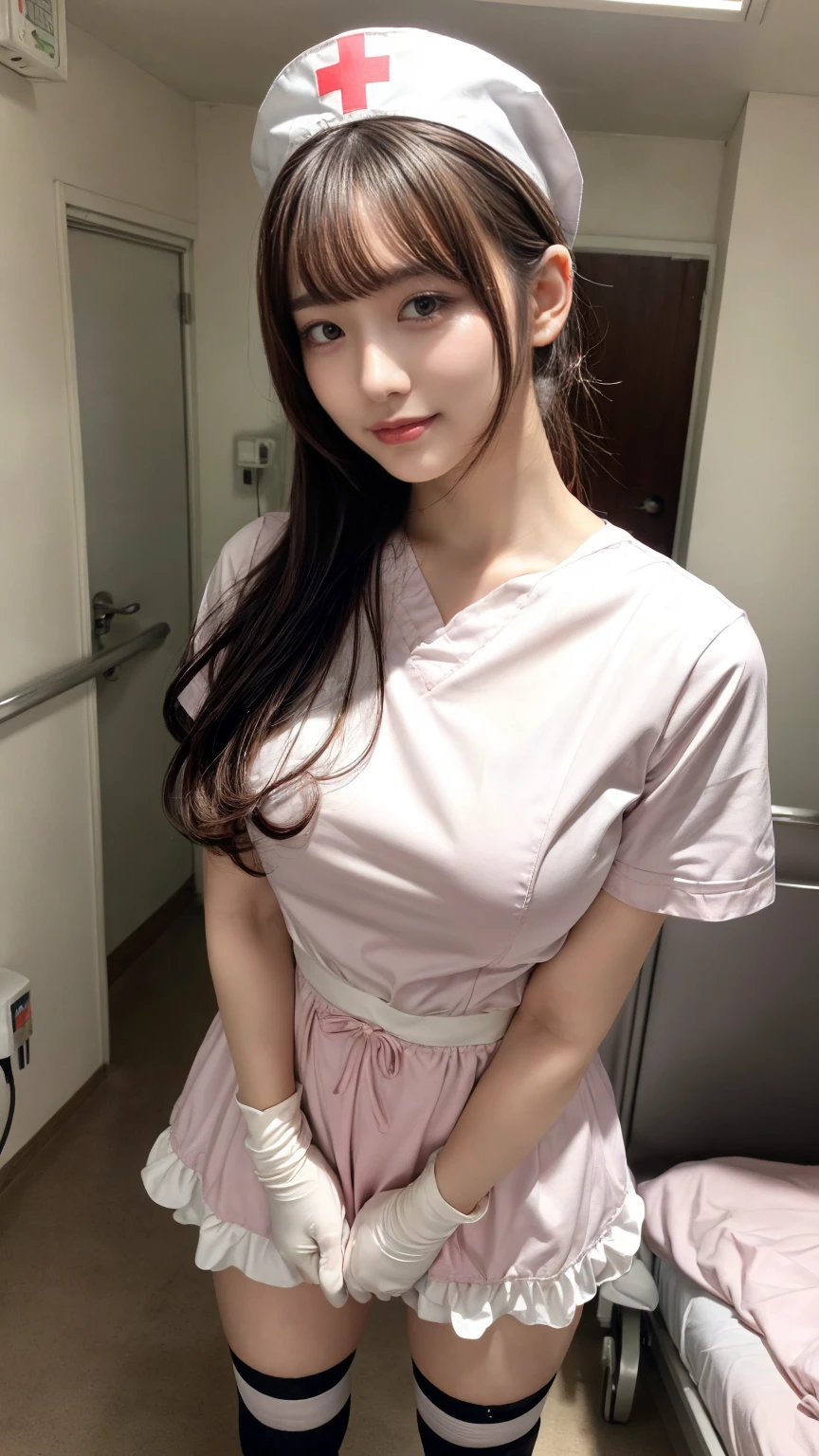 ((highest quality, masterpiece :1.3)), Photorealistic、Ultra-high resolution、Natural skin texture、Hyperrealism、Reflection from the waist up、Beautiful Japanese girl in her early teens、One girl、Larger breasts、Pink nurse uniform、Lying in bed、Frightened expression、Tears flowing
