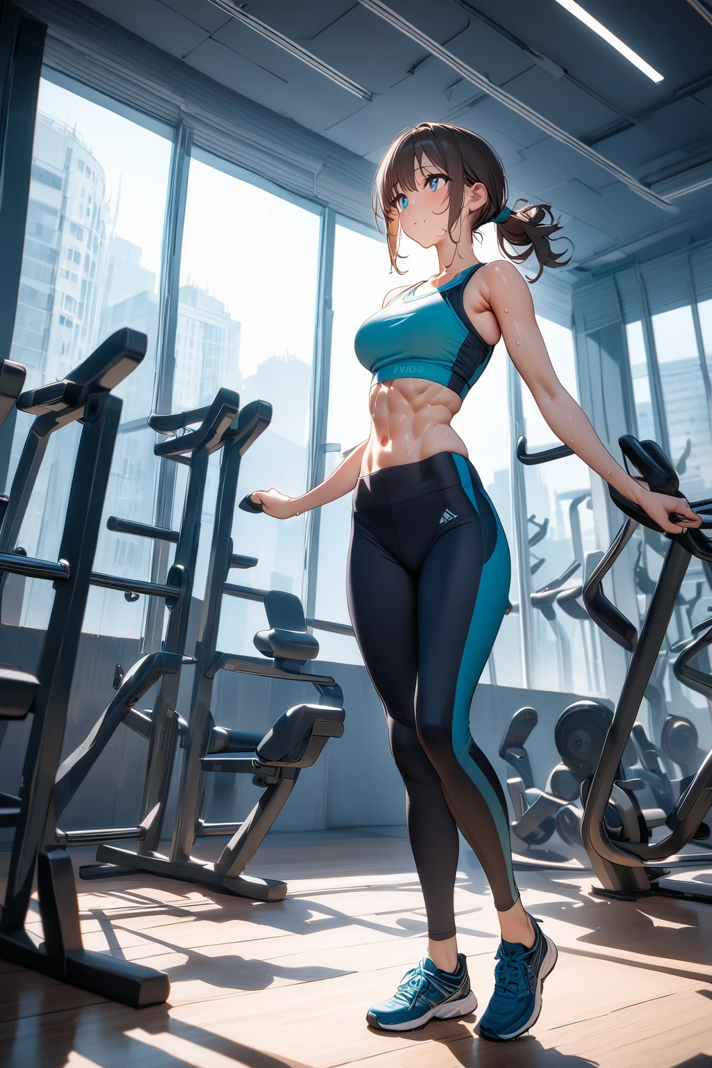 gym,yoruichi shihouin, sport shorts, sport topic,large breats,nike sneakers,sexy,fullbody, rubning on treadmill,sweats,abs,smiling, looking at viewer , skiny body with muscular ass
