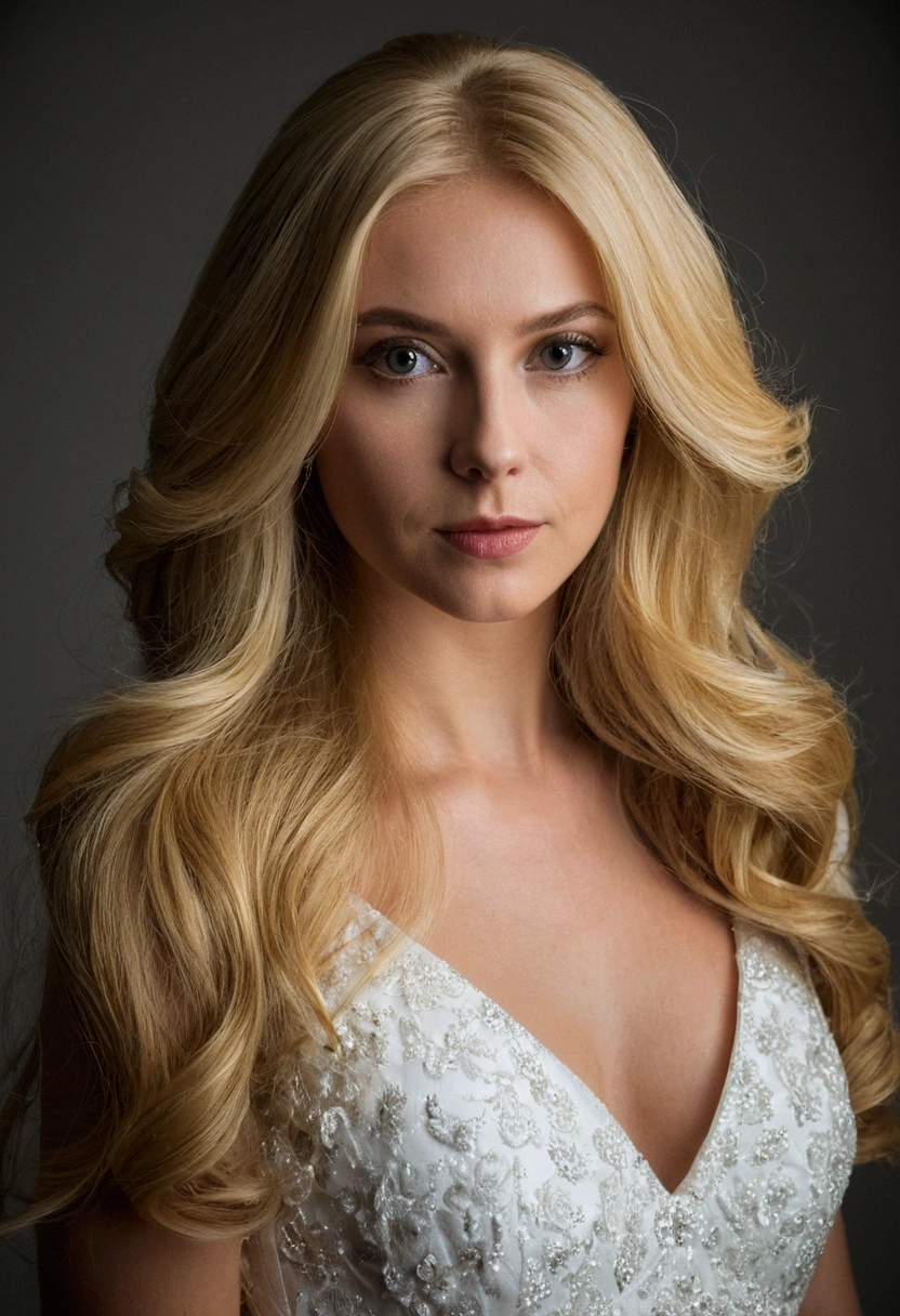 blonde woman with long hair posing for a picture in a white dress, portrait soft low light, medium portrait soft light, photoshoot portrait, with long blond hair, high quality portrait photoshoot, glamour portrait, portrait soft light, shot at dark with studio lights, long blonde hair and large eyes, studio photography portrait, headshot photoshoot, glamour photography, 60mm portrait