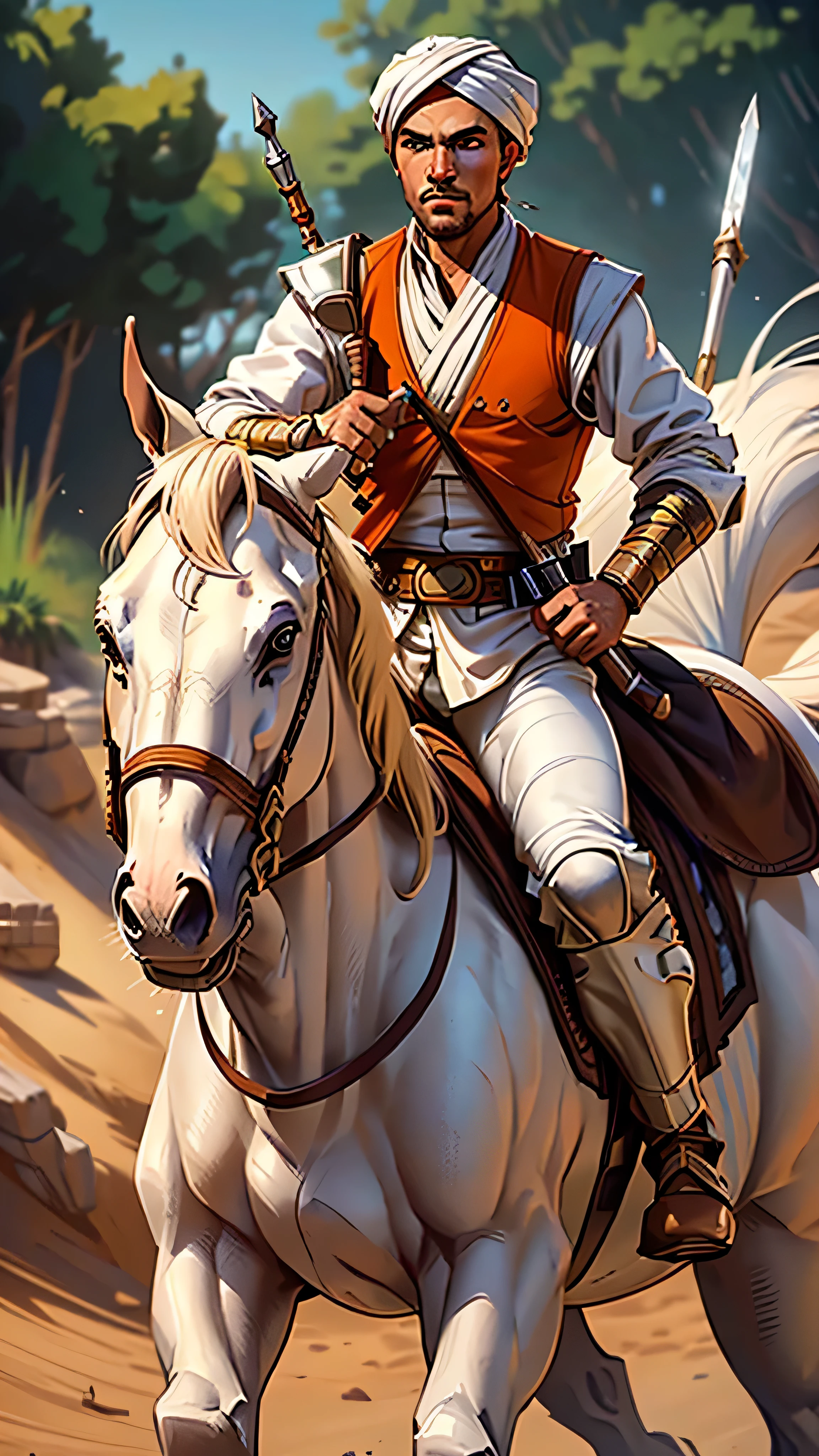 eastern nomad, white jedi outfit, red keffiyeh, orange loincloth, (spear), (riding on a (black armored buffalo)), (spikes), (masterpiece, best quality), (green eyes), (hyper realistic:1.6), ((detailed face)), ((award-winning)), (sharp), (8k resolution), (cinematic lighting)