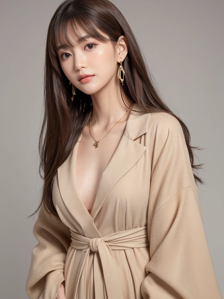((Highest quality, 8k, masterpiece:1.3)), concentrate: 1.2, Perfect body beauty: 1.4, Hips: 1.2, ((Long Hair, chest: 1.2)), (Dry clothes: 1.1) , (clear, Simple Background:1.3), Simple clothes: 1.1, Highly detailed face and skin texture,Delicate eyes, double eyelid, Whitened skin, Rough skin、Long Hair、Earrings with bangs、necklace、 solo、Beige coat、White shirt, (((Beautiful girl with cute Japan)))、 ((Beautiful Japanese girl 20 years old))、 ((Baby Face))、 (((Slender body)))、 Upper Body,Face focus、necklace,Simple Background,From above, Realistic Hair、 A photograph was taken:Canon EOS R6、135mm、1/1250 seconds、f2.8、ISO400、(Detailed explanation of the hand)、(Masseter muscle area)、(Exquisite CG)、Long Hair, loose and curly hair、Korean Hair、Long Hair明るいベージュ色、グラデーションハイライトグレージュのゆるふわLong Hairスタイル、