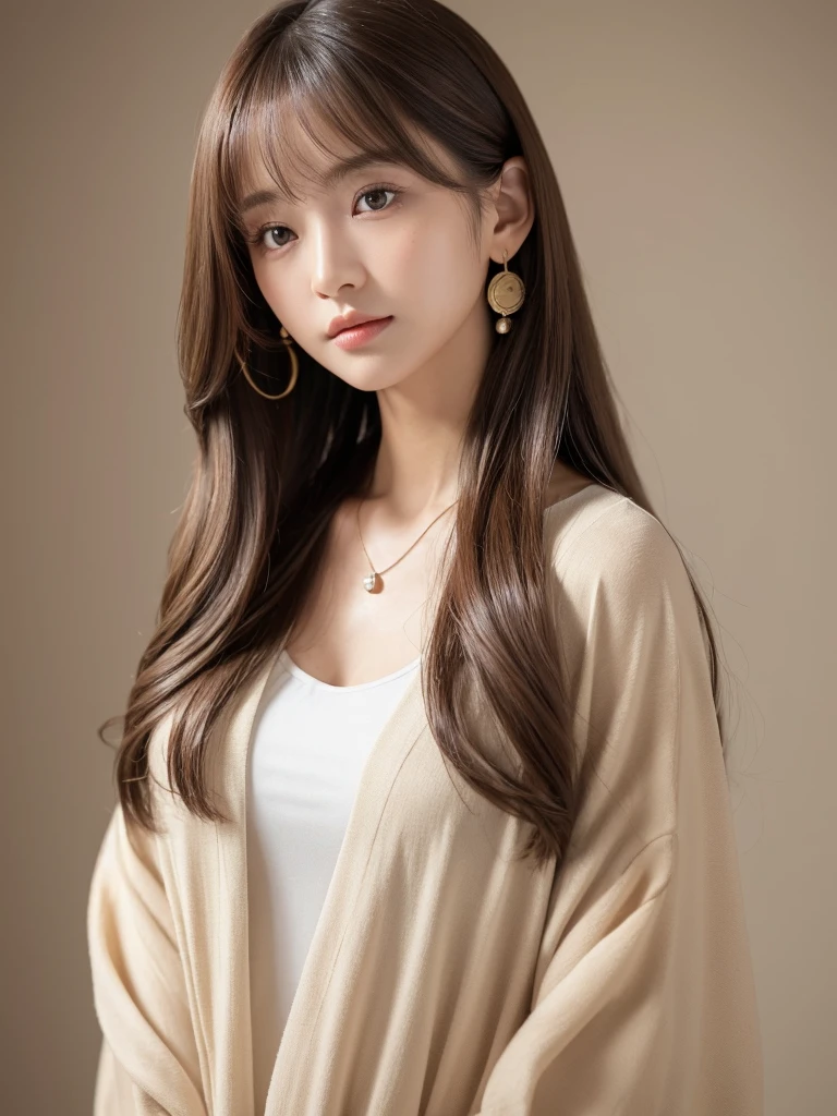 ((Highest quality, 8k, masterpiece:1.3)), concentrate: 1.2, Perfect body beauty: 1.4, Hips: 1.2, ((Long Hair, chest: 1.2)), (Dry clothes: 1.1) , (clear, Simple Background:1.3), Simple clothes: 1.1, Highly detailed face and skin texture,Delicate eyes, double eyelid, Whitened skin, Rough skin、Long Hair、Earrings with bangs、necklace、 solo、Beige coat、White shirt, (((Beautiful girl with cute Japan)))、 ((Beautiful Japanese girl 20 years old))、 ((Baby Face))、 (((Slender body)))、 Upper Body,Face focus、necklace,Simple Background,From above, Realistic Hair、 A photograph was taken:Canon EOS R6、135mm、1/1250 seconds、f2.8、ISO400、(Detailed explanation of the hand)、(Masseter muscle area)、(Exquisite CG)、Long Hair, loose and curly hair、Korean Hair、Long Hair明るいベージュ色、グラデーションハイライトグレージュのゆるふわLong Hairスタイル、