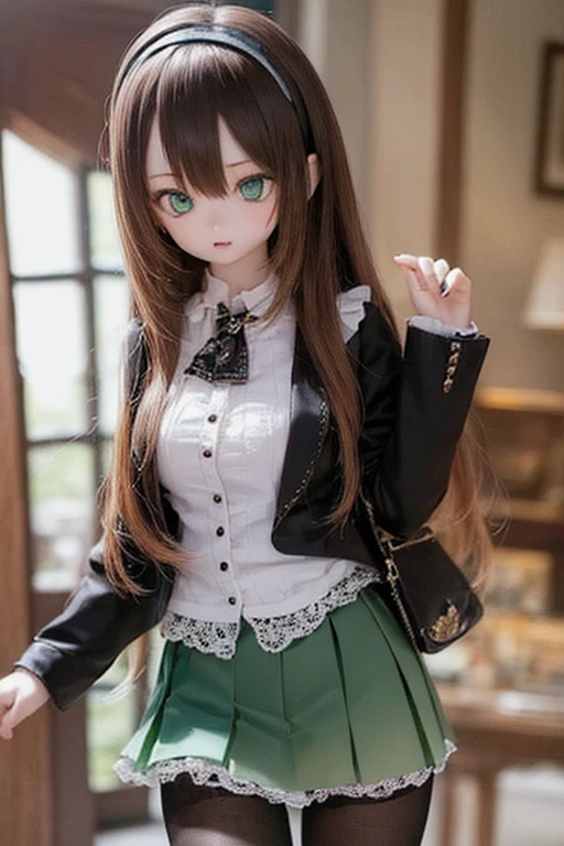 (SFW:2), photorealistic, realistic photo, 8k, ((highest quality)), ((masterpiece)), (extremely detailed), kukolnydom, doll, (mature woman, 21yo, 21 years old, solo:1.6), ((cowboy shot, dynamic pose, slim, slender, skinny, medium breasts, hairband, ascot, jacket, blouse, long puff sleeves, pleated skirt, black pantyhose)), (green eyes, brown hair, long hair, plastic skin, looking at another, glass eyes, gradient eyes, shining eyes, detailed eyes:1.3)