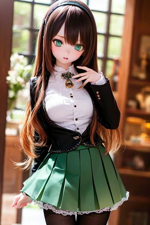 (SFW:2), photorealistic, realistic photo, 8k, ((highest quality)), ((masterpiece)), (extremely detailed), kukolnydom, doll, (mature woman, 21yo, 21 years old, solo:1.6), ((cowboy shot, dynamic pose, slim, slender, skinny, medium breasts, hairband, ascot, jacket, blouse, long puff sleeves, pleated skirt, black pantyhose)), (green eyes, brown hair, long hair, plastic skin, looking at another, glass eyes, gradient eyes, shining eyes, detailed eyes:1.3)