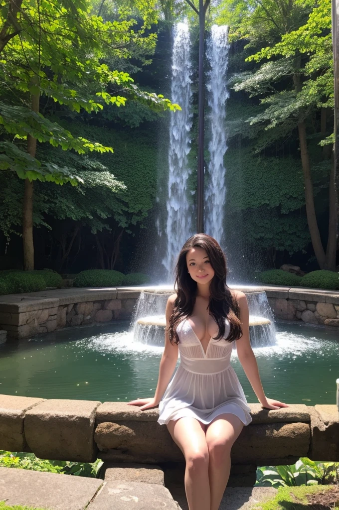 girl at the fountain in the magical forest