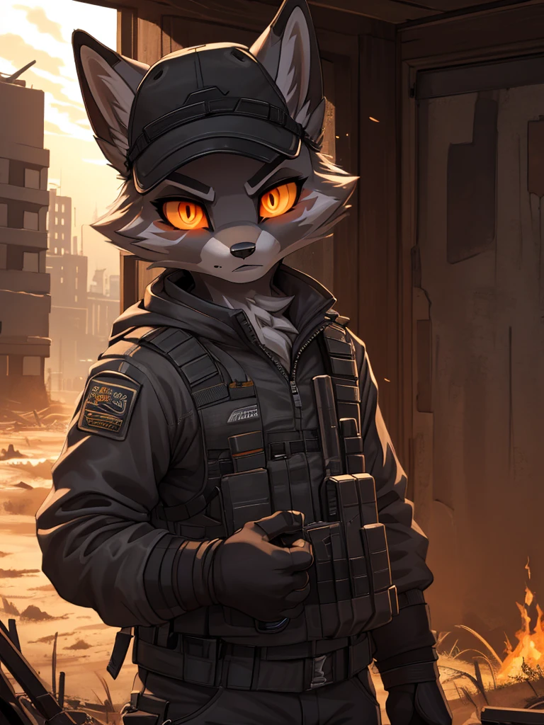 (((sfw))), high quality, best quality masterpiece, the best definition add_detail:1 aesthetic and lighting details silver fox male apocalypse surviver, dirty techwear clothing with wide rim hat, mature femboy, serious intense expression, thin body, apocalypse landscape, body with scars, detailed eyes, pupila amarilla orange eyes  add_detail:1