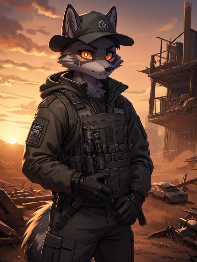 (((sfw))), high quality, best quality masterpiece, the best definition add_detail:1 aesthetic and lighting details silver fox male apocalypse surviver, dirty techwear clothing with wide rim hat, mature femboy, serious intense expression, thin body, apocalypse landscape, body with scars, detailed eyes, pupila amarilla orange eyes  add_detail:1