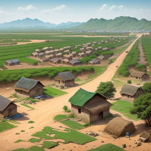 1. **Desolate Village Scene**: An image of a small, impoverished village with simple huts and a dusty road, reflecting the hardship of the residents.
