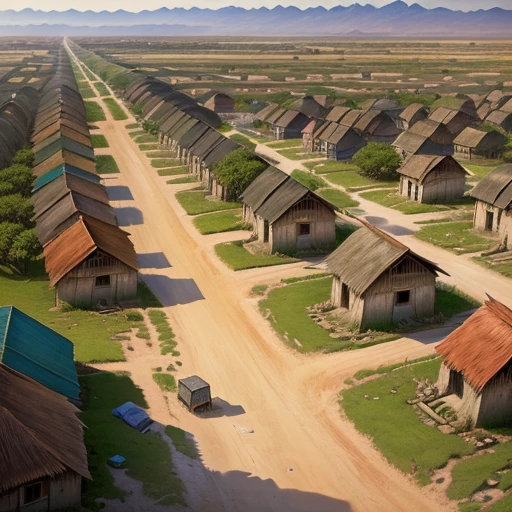 1. **Desolate Village Scene**: An image of a small, impoverished village with simple huts and a dusty road, reflecting the hardship of the residents.