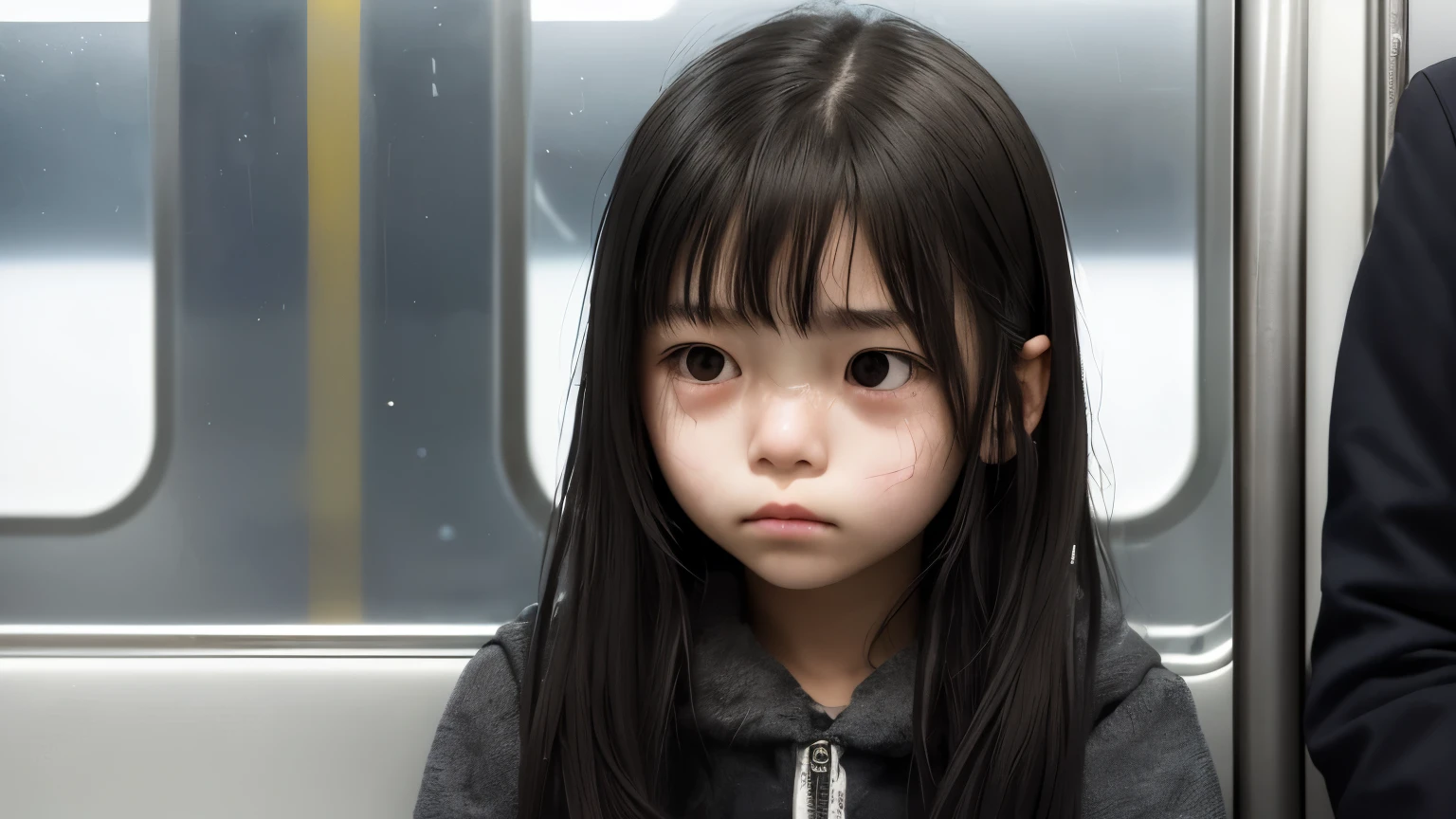A close-up of a sad young girl named Mia, sitting alone in a subway car. She looks thoughtfully out the window. The lighting is weak, casts a melancholic shadow on her face. Her facial expression is thoughtful, reflects her feelings of loneliness. The background shows a blurred view of the subway interior, emphasizes their isolation.