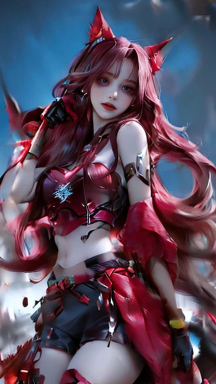 Whole body expression、One girl completely covered in red、Painted red all over the body、Red hair、My bangs are drooping、long hair、cute、18-year-old、Shorts、Iron breastplate equipment