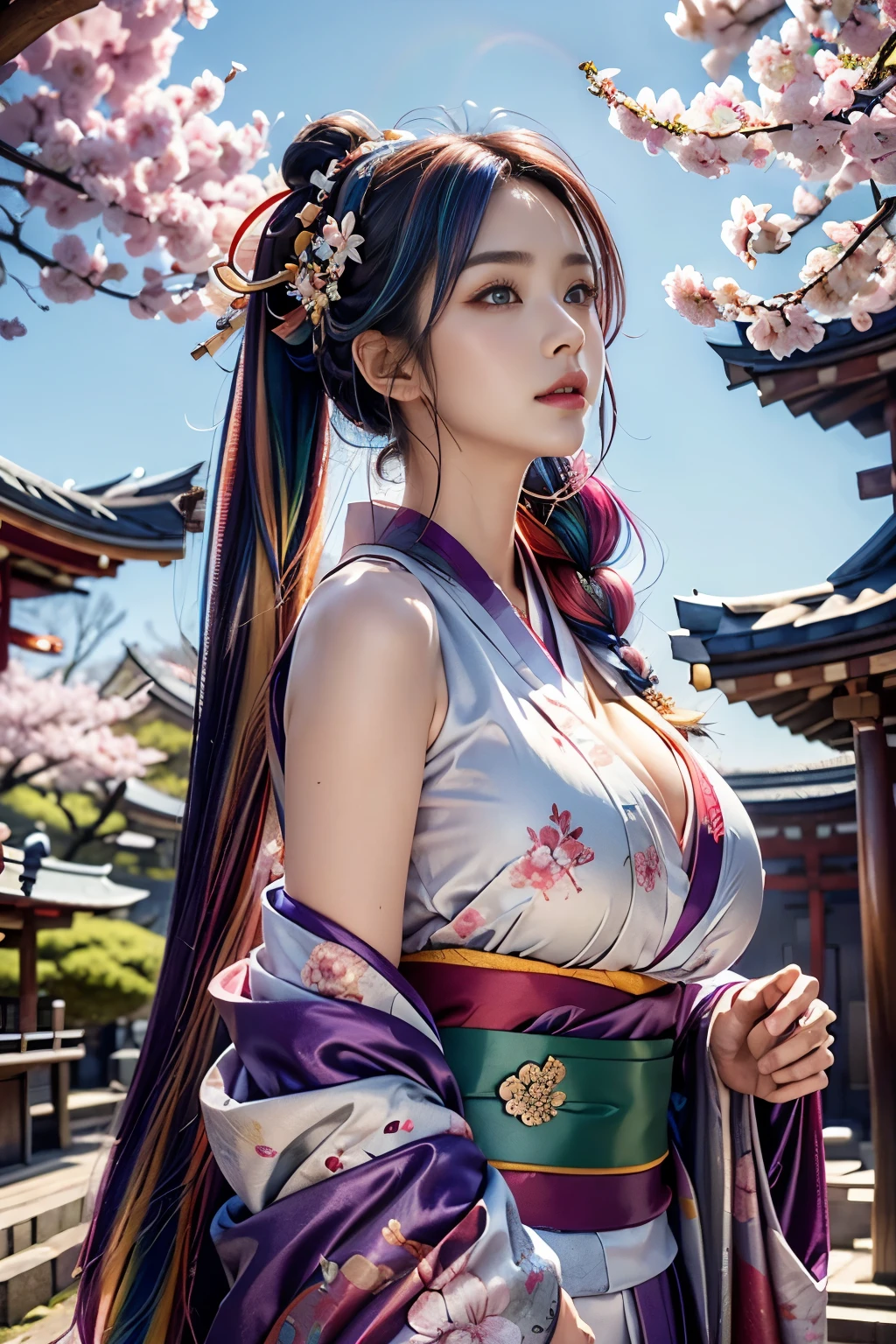 highest quality, Masterpiece,((silky rainbow colored hair)), beautiful Eyes, the most beautiful highly detailed layed kimono with sash and ribbons, Looking up from a 45° angle, Prominent massive accentuated super huge enormously gigantic breasts deep cleavage,, ,hair,Fair skin,Side braid, Extra Super Long Hair, Charm, Sensuality, Eyes that seem to draw you in, Eye highlights, Sharp focus on the eyes, cherry blossoms blowing in the wind Shinto shrine