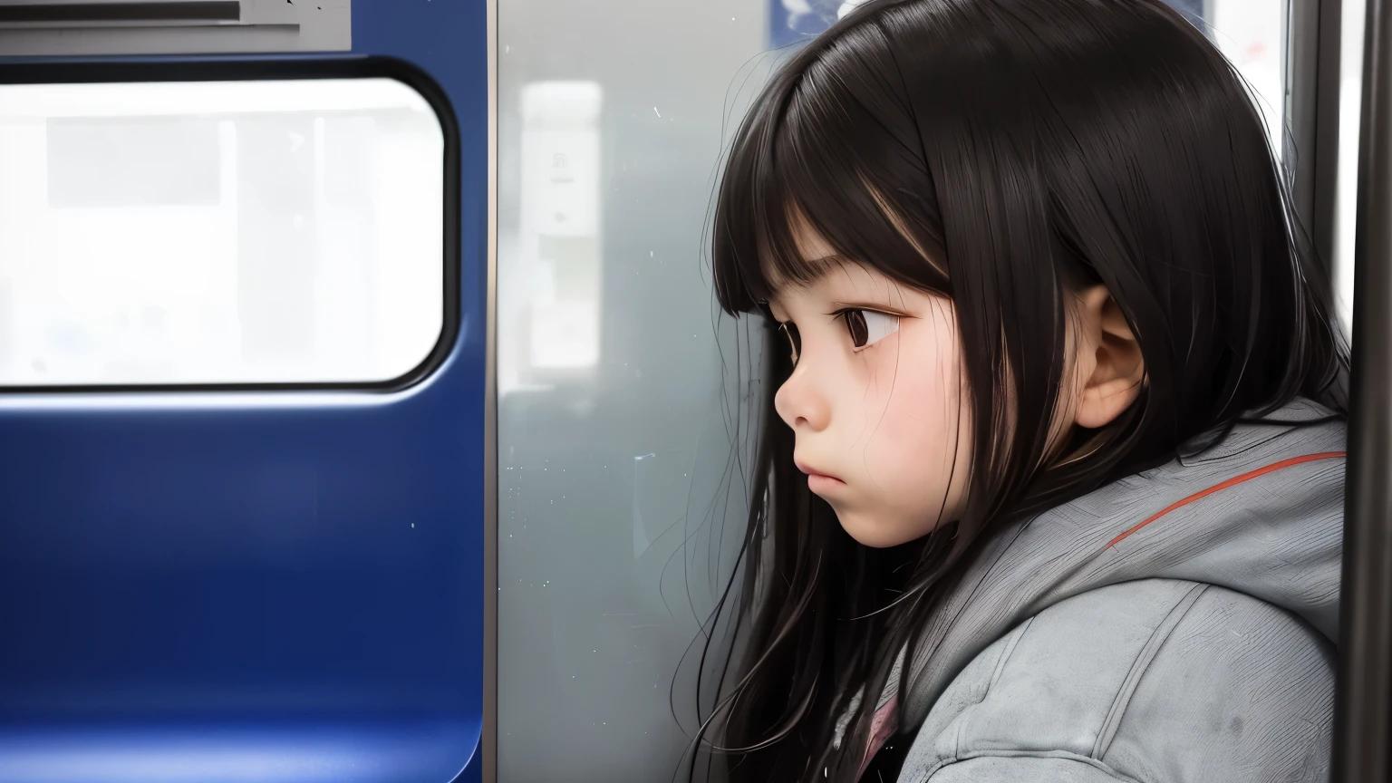 A close-up shot of a sad young girl named Mia, sitting alone in a subway car. She is looking thoughtfully out of the window. The lighting is dim, casting a melancholic shadow on her face. Her expression is pensive, reflecting her feelings of loneliness. The background shows a blurred view of the subway interior, emphasizing her isolation.