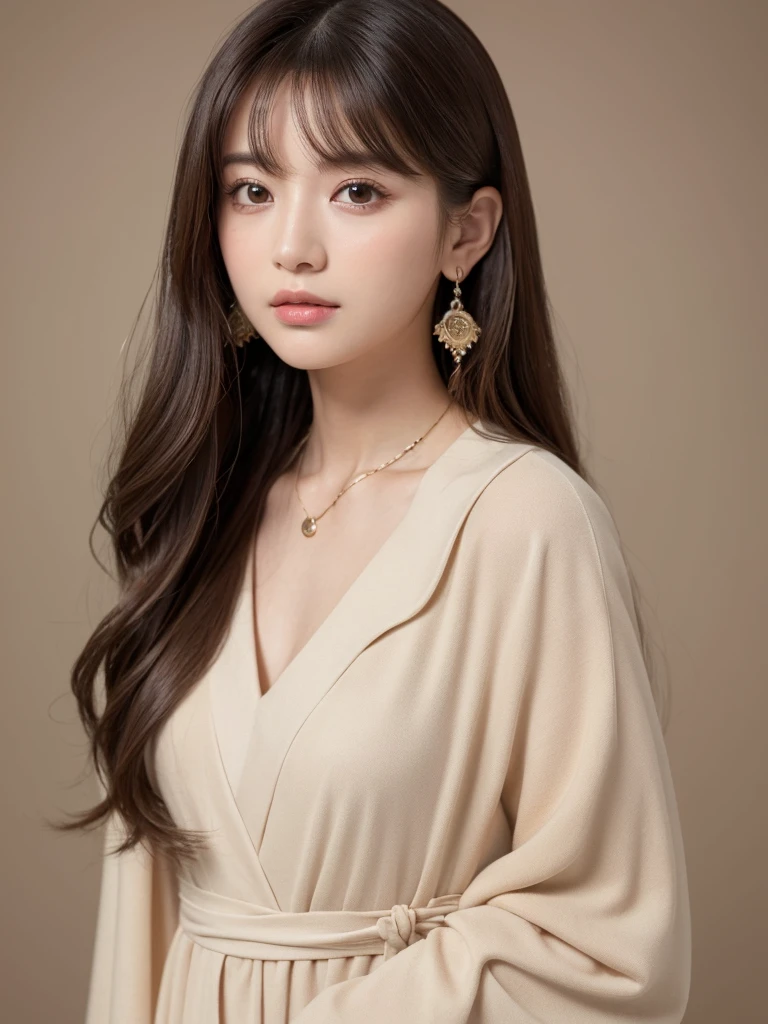 ((Highest quality, 8k, masterpiece:1.3)), concentrate: 1.2, Perfect body beauty: 1.4, Hips: 1.2, ((Long Hair, chest: 1.2)), (Dry clothes: 1.1) , (clear, Simple Background:1.3), Simple clothes: 1.1, Highly detailed face and skin texture,Delicate eyes, double eyelid, Whitened skin, Rough skin、Long Hair、Earrings with bangs、necklace、 solo、Beige coat、White shirt, (((Beautiful girl with cute Japan)))、 ((Beautiful Japanese girl 20 years old))、 ((Baby Face))、 (((Slender body)))、 Upper Body,Face focus、necklace,Simple Background,From above, Realistic Hair、 A photograph was taken:Canon EOS R6、135mm、1/1250 seconds、f2.8、ISO400、(Detailed explanation of the hand)、(Masseter muscle area)、(Exquisite CG)、Long Hair, loose and curly hair、Korean Hair、Long Hair明るいベージュ色、グラデーションハイライトグレージュのゆるふわLong Hairスタイル、