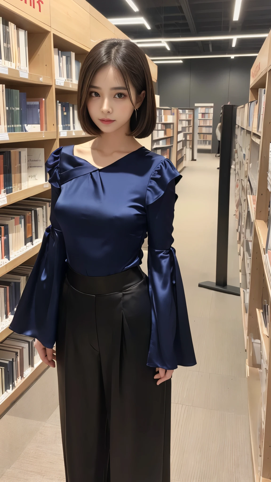 ((library))、(beautiful girl、)、One person、front、(Navy silk top with square neck:1.3、Navy silk top with shoulder tuck sleeves:1.2、black silk pants)、((Tight waist:1.2))、Beautiful white skin、Beautiful breasts、(Silky straight brown hair:1.2)、Sayaka Okada、Highest quality、Highest quality、Masterpiece、Ultra high definition、Realistic、Slender body line、Cute Face、Moisturizing lips、(Detailed hands:1.2、The right move:1.2)、(Detailed eyes and face:1.2、Professional photography techniques)、(Beautiful eyes in every detail、Same brown eyeascara、eye shadow)