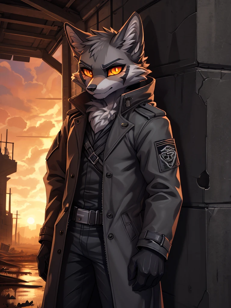 (((sfw))), high quality, best quality masterpiece, the best definition add_detail:1 aesthetic and lighting details silver fox male apocalypse surviver, dirty tactical clothing with trench coat, mature femboy, serious intense expression, thin body, apocalypse landscape, body with scars, detailed eyes, pupila amarilla orange eyes  add_detail:1