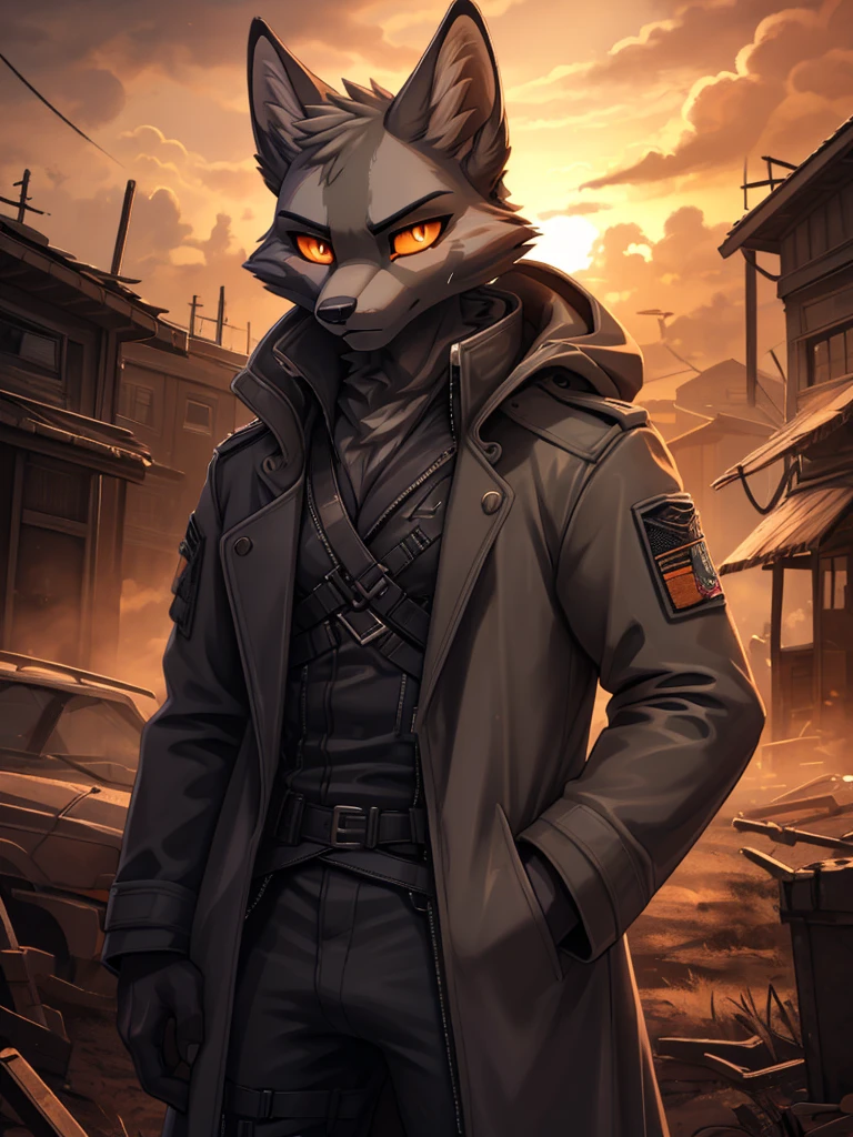 (((sfw))), high quality, best quality masterpiece, the best definition add_detail:1 aesthetic and lighting details silver fox male apocalypse surviver, dirty tactical clothing with trench coat, mature femboy, serious intense expression, thin body, apocalypse landscape, body with scars, detailed eyes, pupila amarilla orange eyes add_detail:1