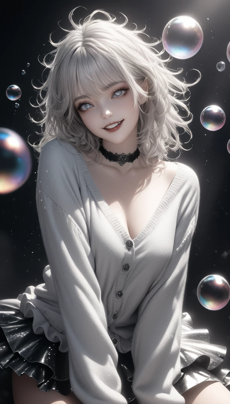 monochrome, no collar, black and white, beautiful woman, amorous and lewd face, evil smiling, beautiful eyes, make-up, messy hair, great proportion, loose size cardigan, ruffle skirt, choker, (ultra detailed, absolutely resolution, best quality:1.3), 2.5D, delicate and dynamic, shading effects, hyper realistic, artistic photography, glitter effects, foggy effects, iridescent soap bubble effects, graphic CG digital art