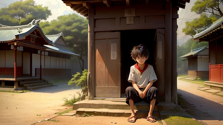 2. **Lonely Boy**: A young boy, looking sad and lost, sitting alone near a simple village shrine or temple. His clothes are worn and he appears vulnerable.