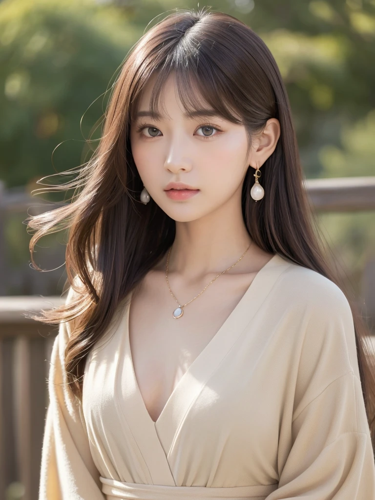  ((Highest quality, 8k, masterpiece:1.3)), concentrate: 1.2, Perfect body beauty: 1.4, Hips: 1.2, ((Long Hair, chest: 1.2)), (Dry clothes: 1.1) , (clear, Simple Background:1.3), Simple clothes: 1.1, Highly detailed face and skin texture,Delicate eyes, double eyelid, Whitened skin, Rough skin、Long Hair、Earrings with bangs、necklace、 solo、Beige coat、White shirt,  (((Beautiful girl with cute Japan)))、  ((Beautiful Japanese girl 20 years old))、 ((Baby Face))、 (((Slender body)))、  Upper Body，Face focus、necklace，Simple Background，From above， Realistic Hair、 A photograph was taken:Canon EOS R6、135mm、1/1250 seconds、f2.8、ISO400、(Detailed explanation of the hand)、(Masseter muscle area)、(Exquisite CG)、Long Hair, loose and curly hair、Korean Hair、Long Hair明るいベージュ色、グラデーションハイライトグレージュのゆるふわLong Hairスタイル、