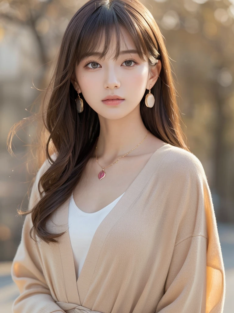 ((Highest quality, 8k, masterpiece:1.3)), concentrate: 1.2, Perfect body beauty: 1.4, Hips: 1.2, ((Long Hair, chest: 1.2)), (Dry clothes: 1.1) , (clear, Simple Background:1.3), Simple clothes: 1.1, Highly detailed face and skin texture,Delicate eyes, double eyelid, Whitened skin, Rough skin、Long Hair、Earrings with bangs、necklace、 solo、Beige coat、White shirt, (((Beautiful girl with cute Japan)))、 ((Beautiful Japanese girl 20 years old))、 ((Baby Face))、 (((Slender body)))、 Upper Body,Face focus、necklace,Simple Background,From above, Realistic Hair、 A photograph was taken:Canon EOS R6、135mm、1/1250 seconds、f2.8、ISO400、(Detailed explanation of the hand)、(Masseter muscle area)、(Exquisite CG)、Long Hair, loose and curly hair、Korean Hair、Long Hair明るいベージュ色、グラデーションハイライトグレージュのゆるふわLong Hairスタイル、