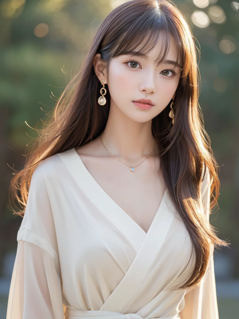 ((Highest quality, 8k, masterpiece:1.3)), concentrate: 1.2, Perfect body beauty: 1.4, Hips: 1.2, ((Long Hair, chest: 1.2)), (Dry clothes: 1.1) , (clear, Simple Background:1.3), Simple clothes: 1.1, Highly detailed face and skin texture,Delicate eyes, double eyelid, Whitened skin, Rough skin、Long Hair、Earrings with bangs、necklace、 solo、Beige coat、White shirt, (((Beautiful girl with cute Japan)))、 ((Beautiful Japanese girl 20 years old))、 ((Baby Face))、 (((Slender body)))、 Upper Body,Face focus、necklace,Simple Background,From above, Realistic Hair、 A photograph was taken:Canon EOS R6、135mm、1/1250 seconds、f2.8、ISO400、(Detailed explanation of the hand)、(Masseter muscle area)、(Exquisite CG)、Long Hair, loose and curly hair、Korean Hair、Long Hair明るいベージュ色、グラデーションハイライトグレージュのゆるふわLong Hairスタイル、