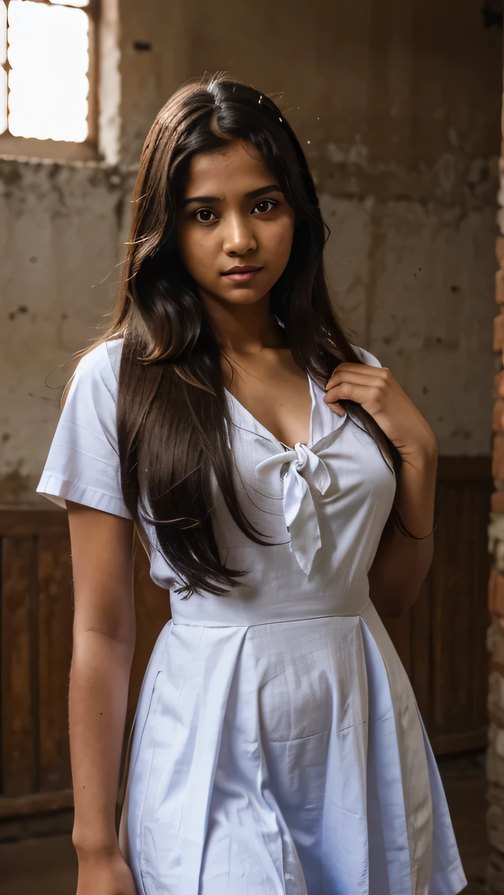 Srilanka school girl, wearing school frock, breast size 40, long hair, white skin, long tie neck to belly, inside realistic old school building