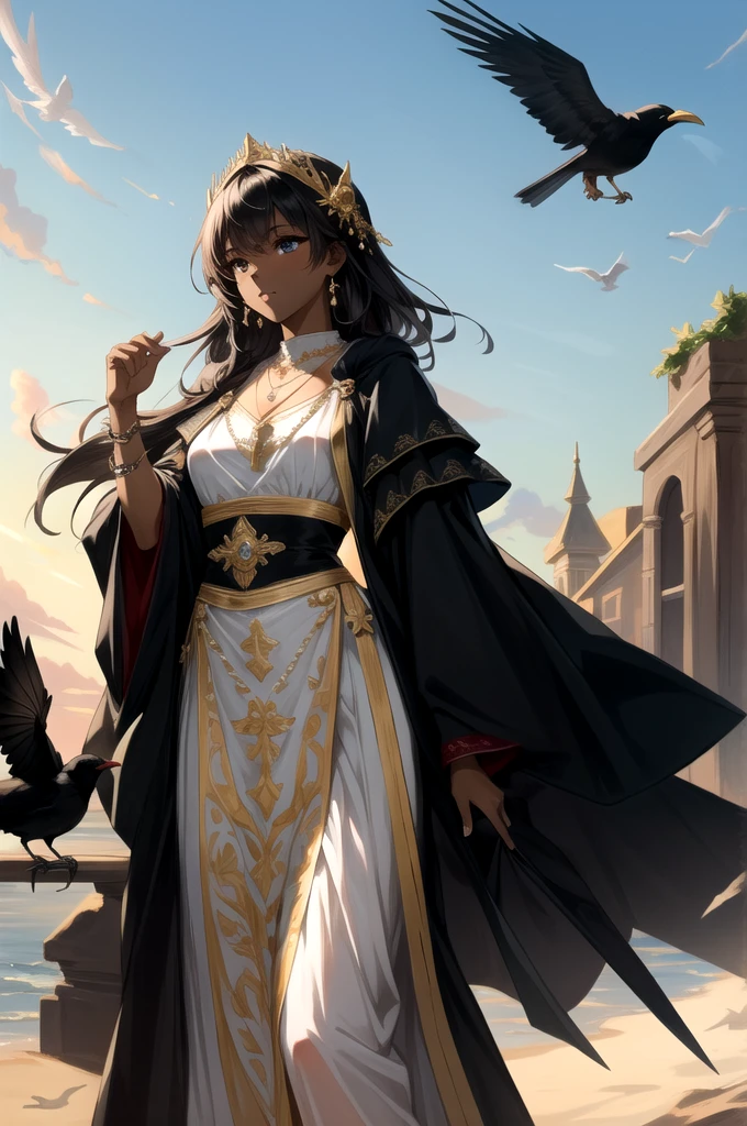 (masterpiece, best quality),  intricate details,
1girl, amber, dark skin, 
 crowmancer, crow, bird,  black robes, necklace,