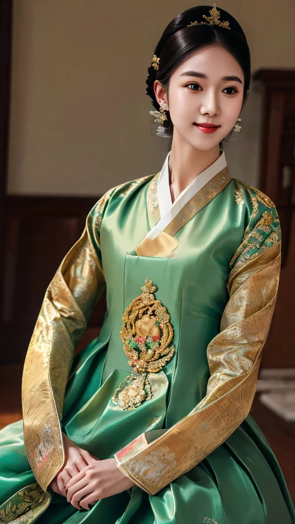 woman wearing dangui,waist up portrait,sweet smile,updo,extremely detailed clothes,masterpiece,8k,trending on pixiv,highest quality,