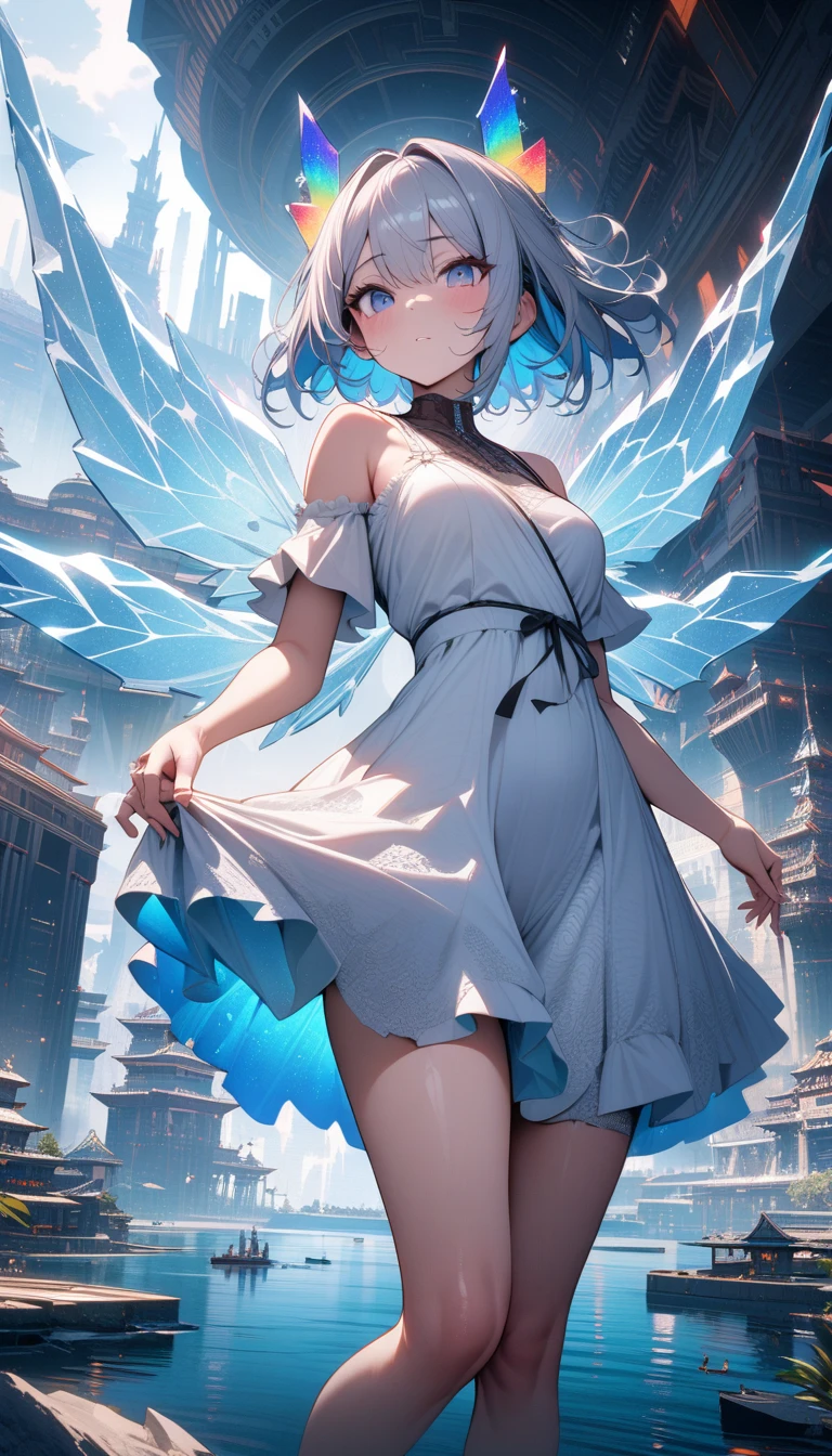 ((best quality)) , ((masterpiece)) , (detailed),Color splash, Ghostly Astronaut (Li Gong:1.3) , wearing Shabby Chic Wrap dress, has metallic plating, Colored hair, Fossil fuel power station in background,beautiful detailed glow,detailed ice,beautiful detailed water,(floating palaces:1.2),(ice crystal texture wings),(Iridescence and rainbow hair:2.5)