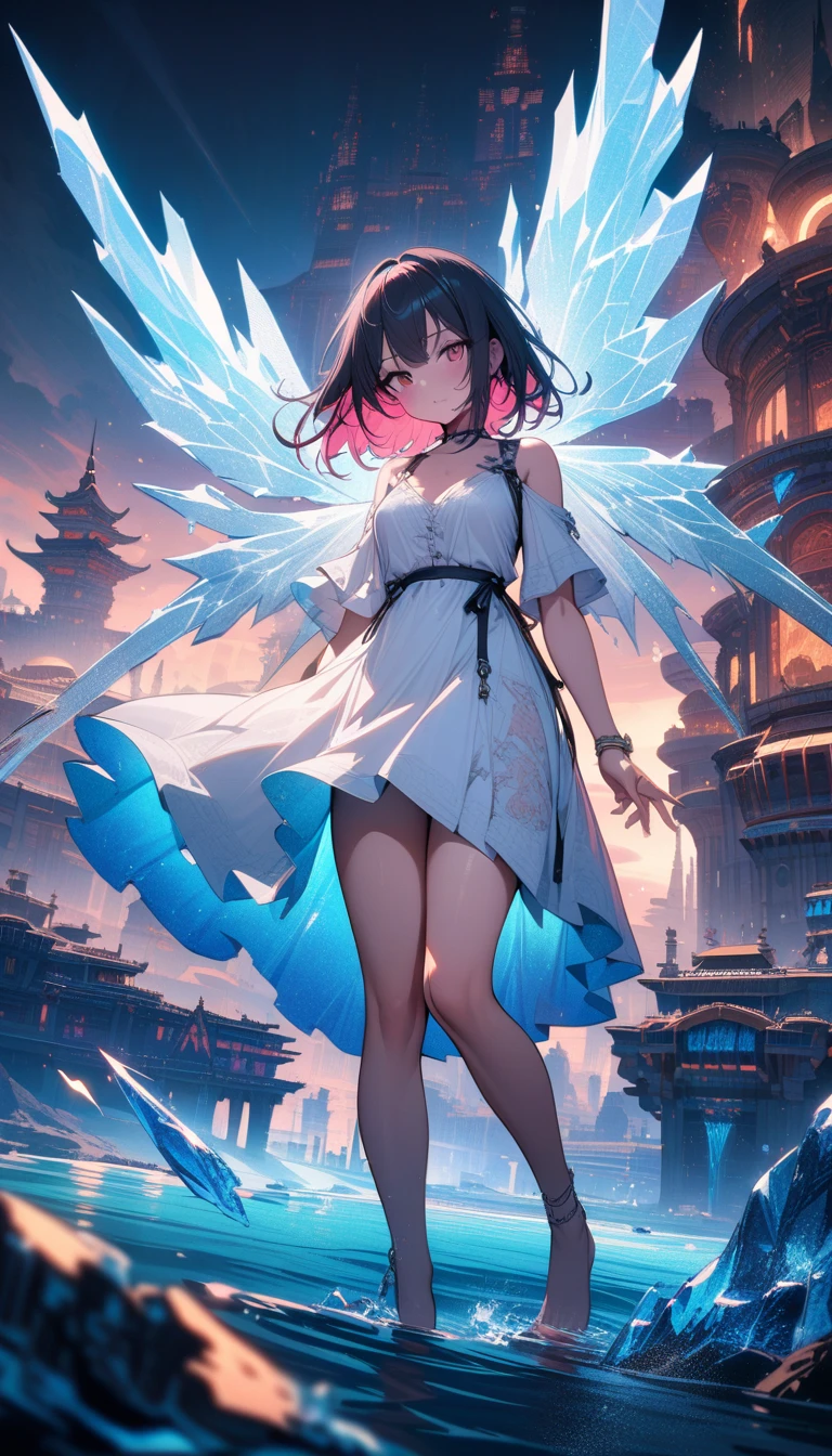 ((best quality)) , ((masterpiece)) , (detailed),Color splash, Ghostly Astronaut (Li Gong:1.3) , wearing Shabby Chic Wrap dress, has metallic plating, Colored hair, Fossil fuel power station in background,beautiful detailed glow,detailed ice,beautiful detailed water,(floating palaces:1.2),(ice crystal texture wings),(Iridescence and rainbow hair:2.5)