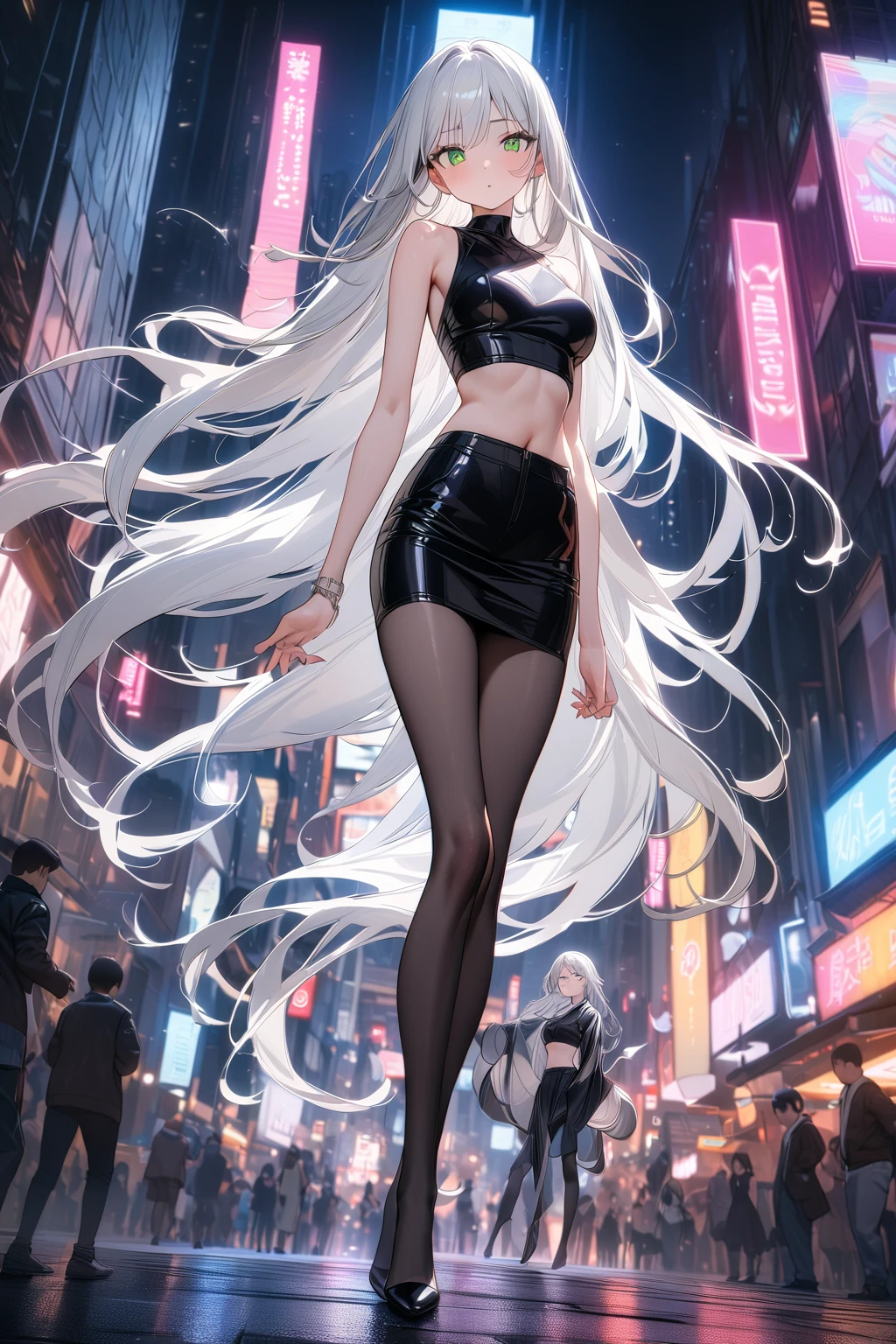 ((Best quality, 8K, masterpiece:1.3)), ultra-detailed anime style, full body, a young woman with large, expressive green eyes, ((long flowing silver hair:1.3)), wearing a daring and stylish outfit, consisting of a fitted red crop top and a short black leather skirt, (highlighting her slender and elegant figure:1.4), smooth and fair skin with a slight blush, confident and playful expression, standing on a bustling city street at night, surrounded by neon lights and skyscrapers, colorful cityscape reflected in her eyes, gentle breeze slightly lifting her hair, camera angle from a slightly low perspective, capturing the vibrant energy and excitement of the city, high detail in fabric texture and skin, dynamic lighting enhancing the scene's atmosphere.