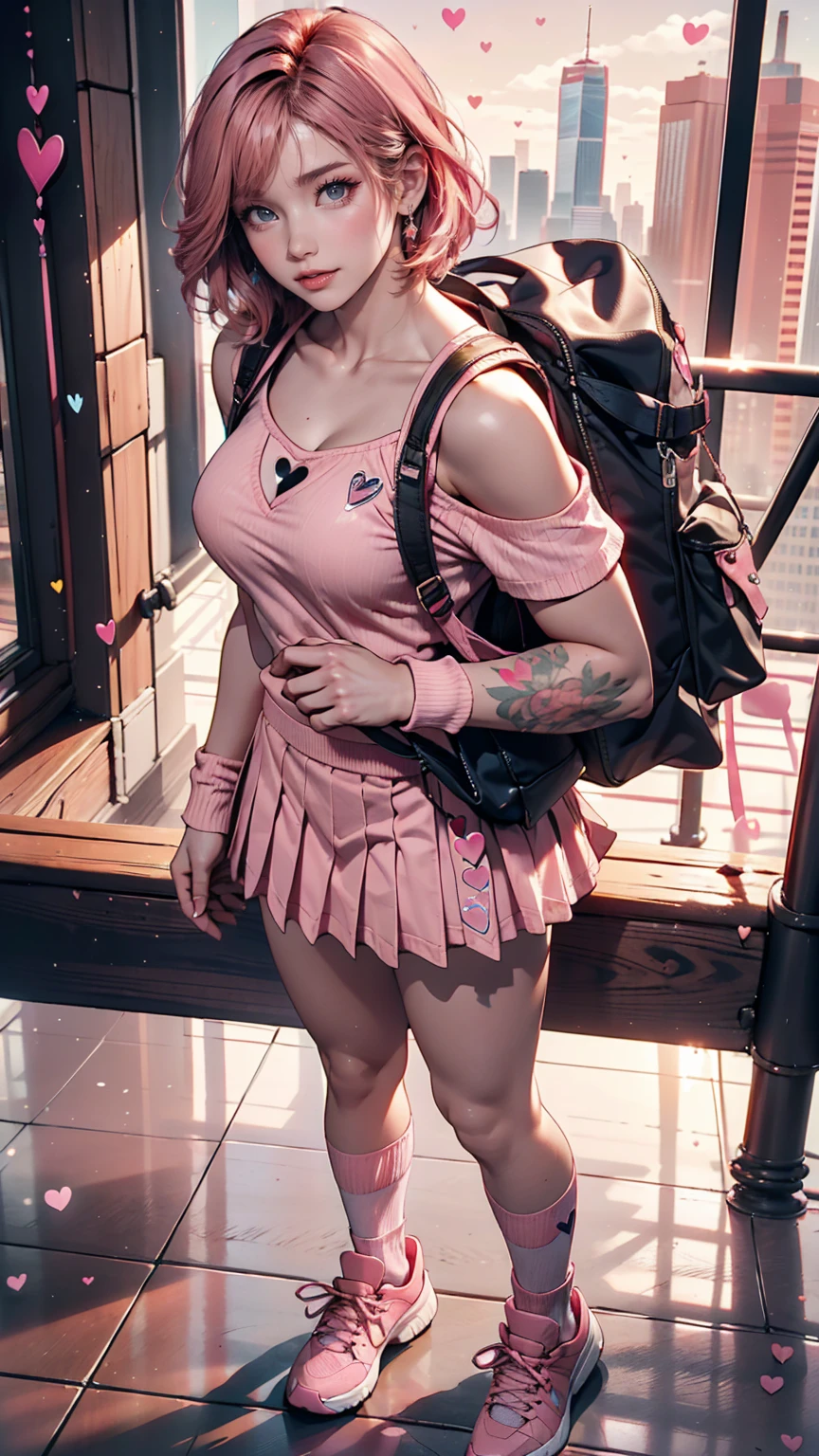 24-year-old female、Off-the-shoulder dress、Tattoo of an arrow through a heart on his chest、Top view、Pink Hair Color、Shortcuts((short hair))、Pink mini pleated skirt、pink socks、Pink athletic shoes、Pink backpack、Skyscraper background