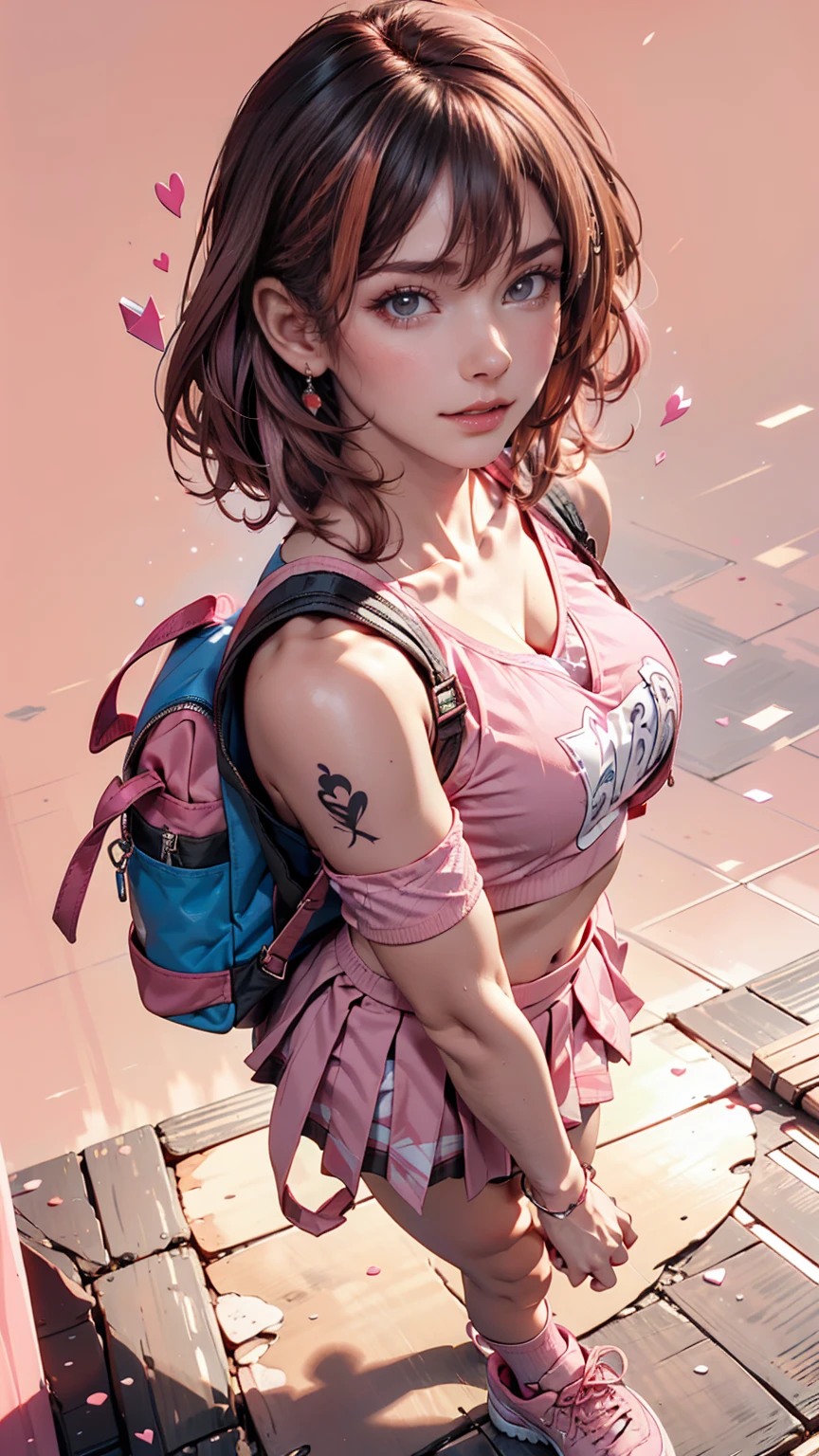 masterpiece, best quality, 1girl, hachikuji mayoi, backpack, bag, twintails, , steam, steaming body, armpits, steam, steaming body, armpits, by Jeremy Lipking, by William Bouguereau, (by Alphonse Mucha:0.5),