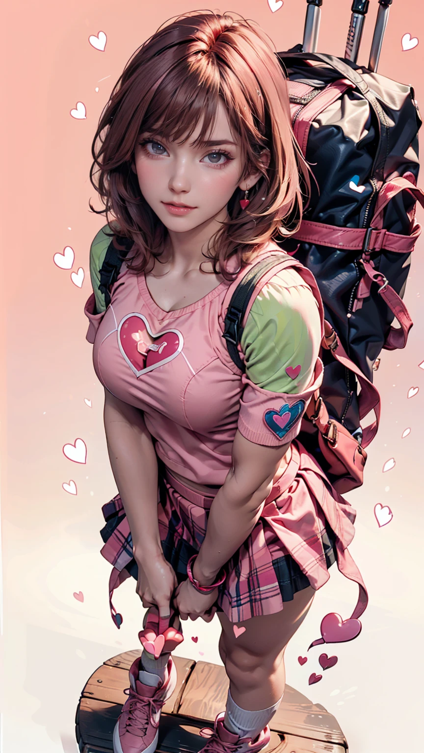 24-year-old female、Off-the-shoulder dress、Tattoo of an arrow through a heart on his chest、Top view、Pink Hair Color、Shortcuts((short hair))、Pink mini pleated skirt、pink socks、Pink athletic shoes、Pink backpack、Skyscraper background