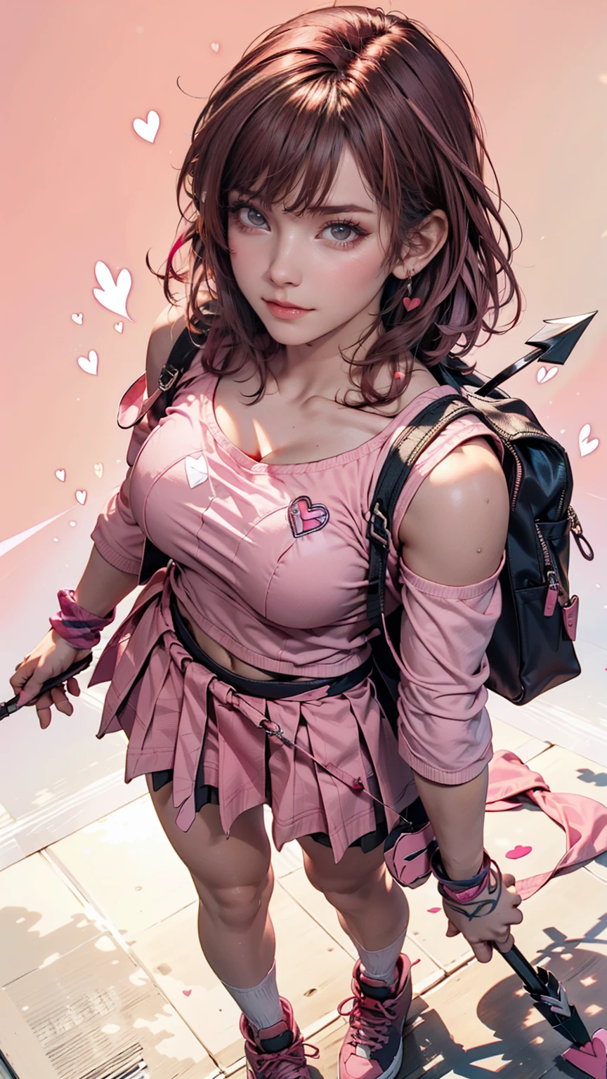 24-year-old female、Off-the-shoulder dress、Tattoo of an arrow through a heart on his chest、Top view、Pink Hair Color、Shortcuts((short hair))、Pink mini pleated skirt、pink socks、Pink athletic shoes、Pink backpack、Skyscraper background