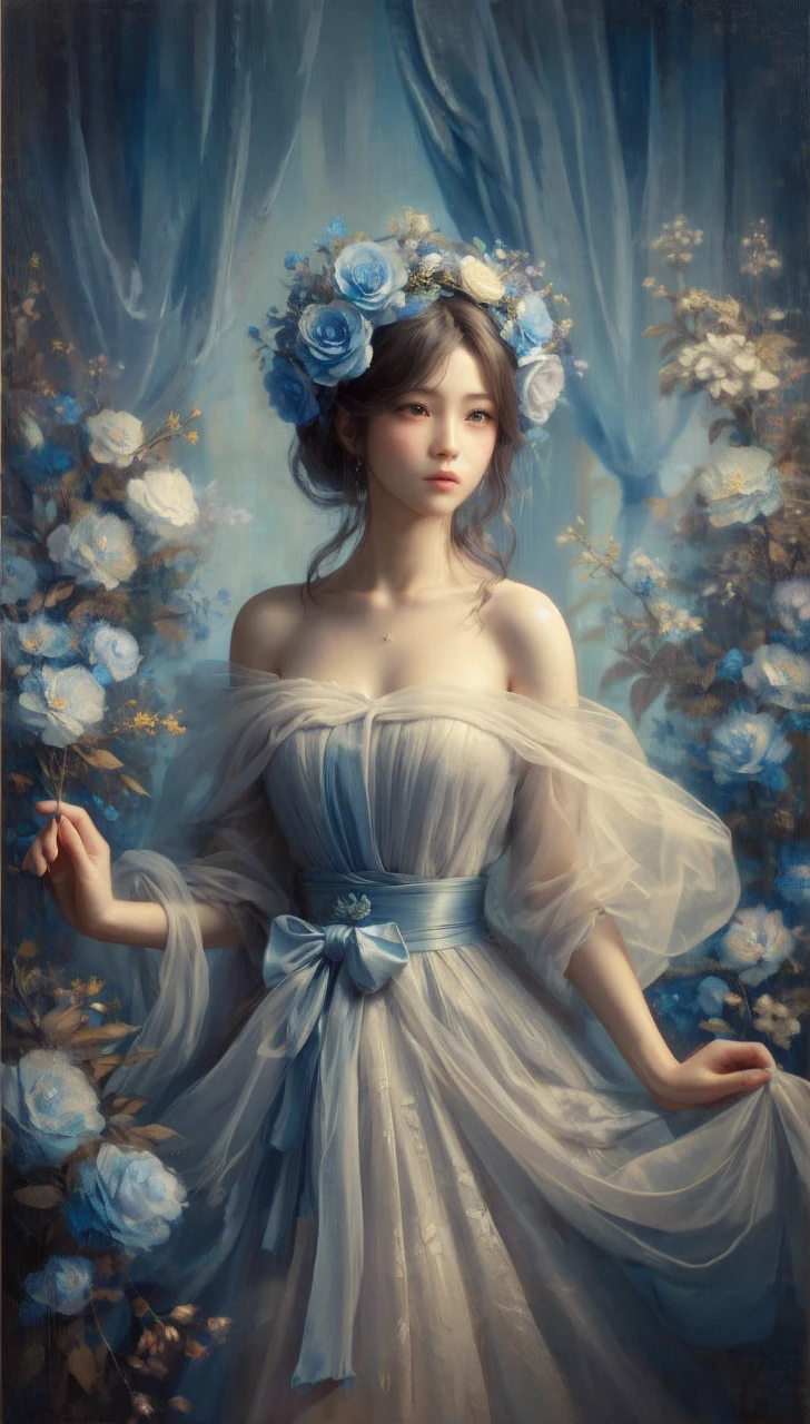 masterpiece best quality full body japanese Woman in an airy dress. flower crown. looking at viewers. surrounded by blue flowers. Blue tones, oil on canvas, cinematic lighting, soft focus, painting by dhe mozzaart, oil painting, 3d render, sepia blue effect. ultra HD, 32K