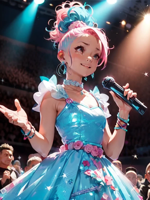Award-Winning Moment, girl, solo, music, Award, stage, Trophy, illumination, The spectators cheer, Acceptance speech, Stylish outfit, Tears of joy. Mohawk, Side Cropped Hair, Pink and light blue hair, Light blue side hair, Earrings, undercut,