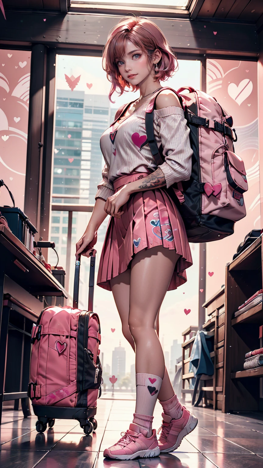 24-year-old female、Off-the-shoulder dress、Tattoo of an arrow through a heart on his chest、Top view、Pink Hair Color、Shortcuts((short hair))、Pink mini pleated skirt、pink socks、Pink athletic shoes、Pink backpack、Skyscraper background