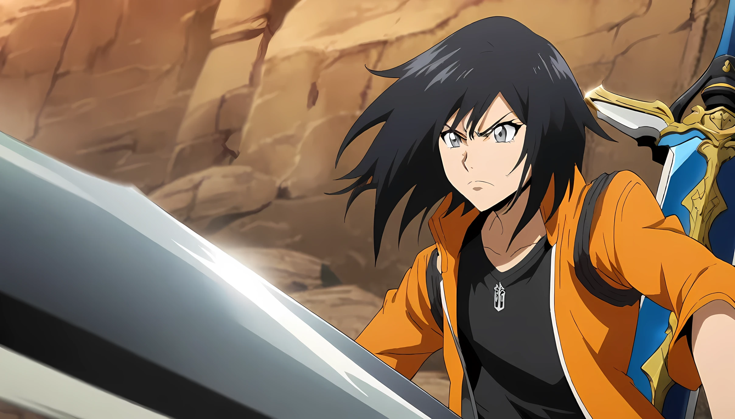 Anime Style, Bleach Style,Illustration , Black Hair, Grey Eyes, Orange Jacket, Black Shirt, Champion sword, HD, Anime OC
