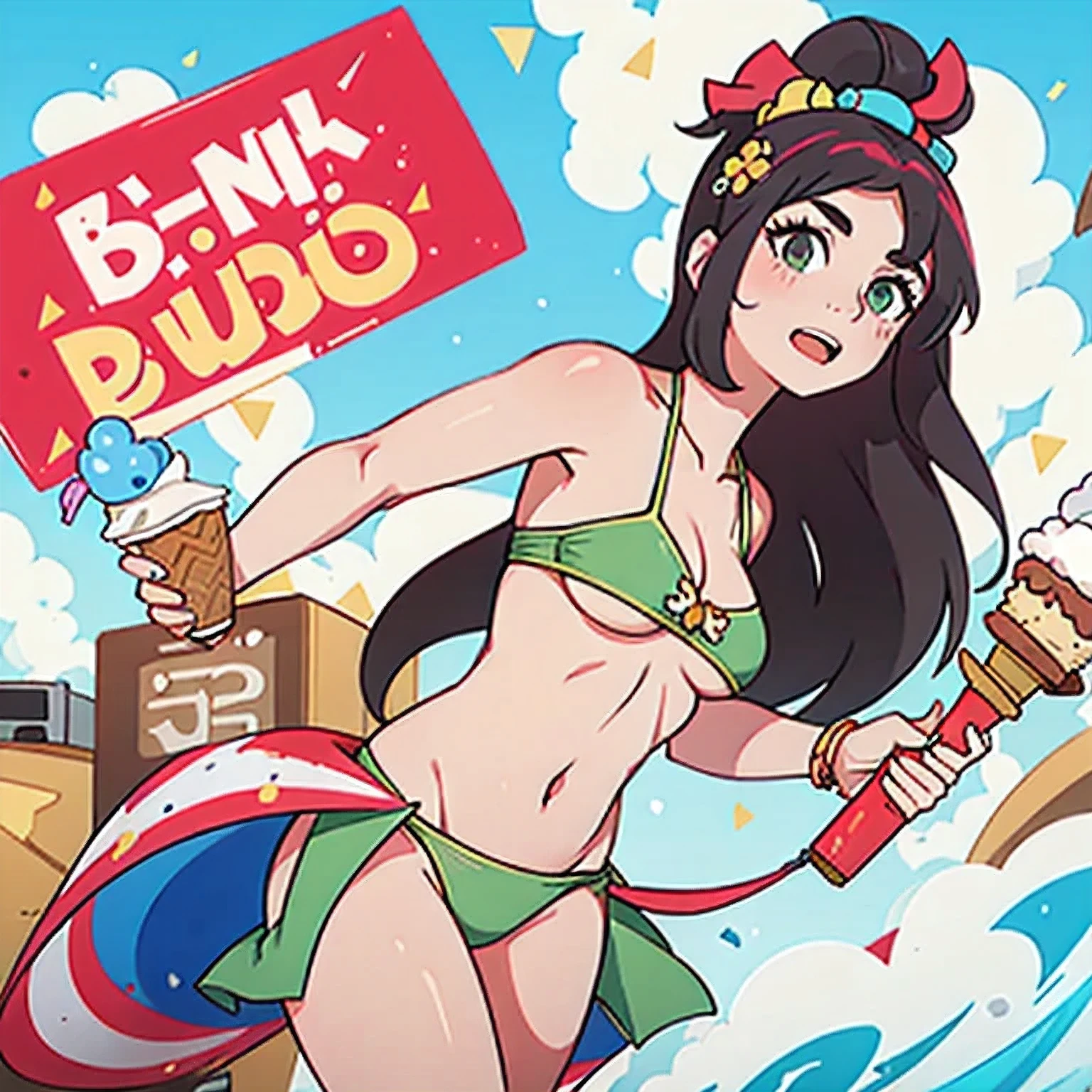 girl in a bikini eating an ice cream cone, eating ice cream, in a bikini, angela white, giorgia meloni, katy perry, in bikini, eating ice - cream, wearing spandex bikini, ice cream on the side, bikini, ice cream, wearing a bikini, candid photo of dirty, shiny plastic bikini, candid shot, cone, 1 girl, solo,in a green dress standing by a wall,portrait of female idol