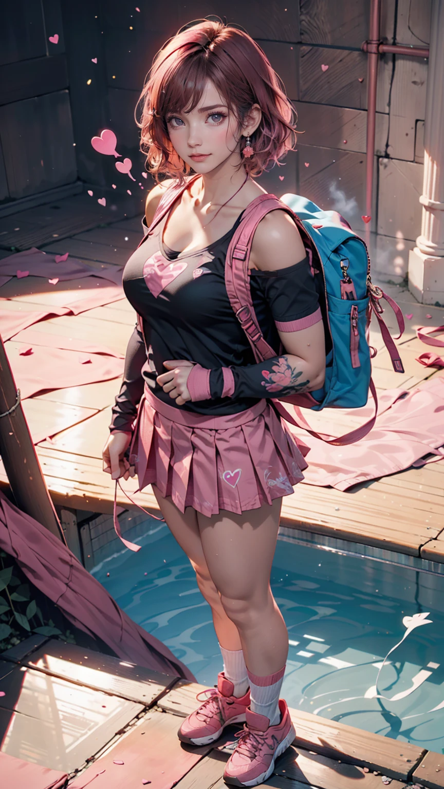 24-year-old female、Off-the-shoulder dress、Tattoo of an arrow through a heart on his chest、Top view、Pink Hair Color、Shortcuts((short hair))、Pink mini pleated skirt、pink socks、Pink athletic shoes、Pink backpack、Skyscraper background
