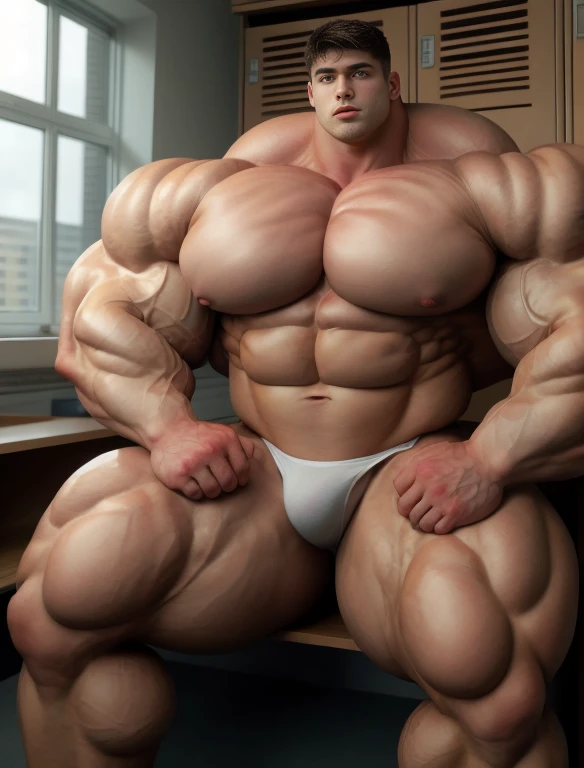 1boy, giant, giant bodybuilder, stand, warm light, strong body, bulk, large size, staring, sitting on bench in the locker room, open legs, nude, white triangular underwear, huge prominent bulge, extraordinary big, brutalmass, giant, muscular body, bulk, buff, massive body, large meaty body size, extremely wide body, hairy body