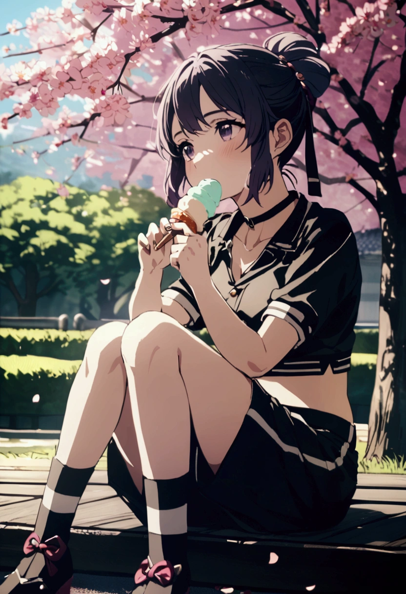 Shinobu kocho wearing short top with short pants and eating icecream sitting under a cherry blossom tree